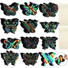Sratte 48 Pcs Butterfly Scratch Cards for Kids Rainbow Spring Scratch Crafts 12 Styles Scrape Off Butterfly Party Favors for DIY Crafts Home Decoration Art Project Games, Bamboo Stylus Included