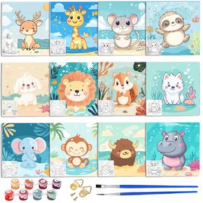 Yomiie 12 Pcs Animals-Themed Pre-Drawn Stretched Canvas Painting Kit for Adults & Beginners – Pre Printed Canvas Acrylic Easy Outline Canvas, Sip and Paint Set, 8x8 inch DIY Canvas