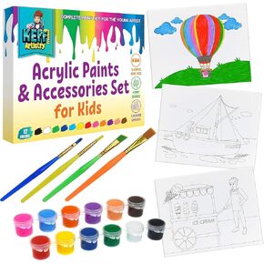 KEFF Acrylic Paint Set for Kids – 19 Pcs Non-Toxic Kids Painting Set with Acrylic Paint Pots, Pre-Designed Canvases & Paintbrushes - Fun & Safe Washable Paint for Kids & Aspiring Young Artists