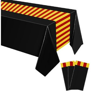 Oudain 3 PCS Wizard TableCloth 54 × 108 بوصة من البلاستيك غطاء طاولة أسود من البلاستيك غطاء محلات المائدة باللون الأحمر والذهبي مستلزمات الحفلات السحرية التي يمكن التخلص منها لزخارف عيد ميلاد الهالوين الساحرة الساحرة