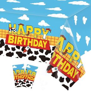 2PC Cartoon Toy Blue Sky Disposable Tablecloths 108x54 Inches It's a Boy's Story Theme Kids Happy Birthday Party Cake Table Decor Covers Toddlers Birthday Decorations