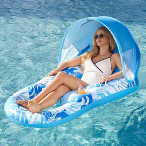 Sloosh Inflatable Pool Floats Lounger Adult, Pool Float Lounge with Canopy Raft Floaties Water Floating Recliner Chair with Cup Holders Foot Rest Swimming Floaty
