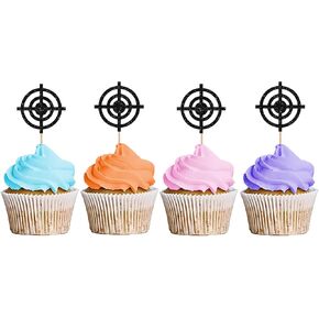 24PCS Shooting Target Cupcake Toppers, Hunter Cupcake Toppers, Hunting Cupcake Picks for Baby Shower, Camping Themed Birthday Party Decoration - Black Glitter