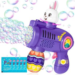 Easter Basket Stuffers Bubble Gun： Bunny Electric Automatic Bubble Machine for Toddlers LED Light - Battery Bubbles Maker for Kids Holiday Shooter Toy with 80ML Tank/4 Packs Bubble Solution