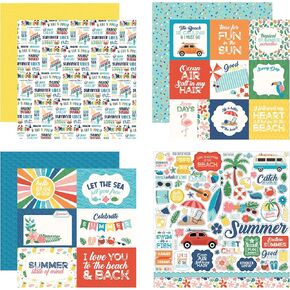 Trendzeen Summer Scrapbook Paper & Stickers Kit - Beach Theme Cardstock & Stickers, 4 Items, 12x12 Inch, Modern Style, Square Shape, Variety Pack