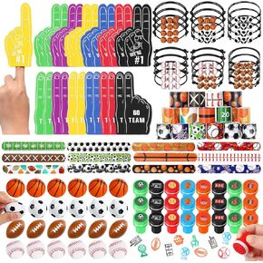 Aoriher 120 Pcs Sport Balls Party Favors Set Serve 24, Basketball Football Soccer Goodie Foam Finger Mini Stress Ball Slap Bracelet Charm Bracelet Stamp for Kids Party Supplies