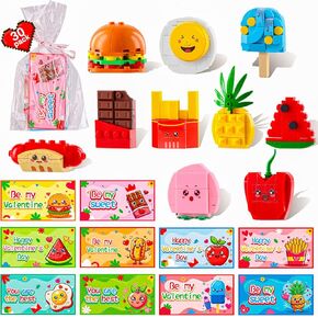 MGparty Valentines Day Cards for Kids Classroom,30 Pack Fast Food Fruit Building Block Toys Valentines Day Gifts For Kids Classroom Exchange Game Prizes Party Favors Supplies