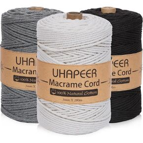 220 ياردات × 3 مم من الحبل القطن Macrame ، القطن الطبيعي 4-ply 3 سلسلة macrame ملونة ، البيج الأبيض والرمادي الحبل القطن الأسود للحرف macrame الحبل لمصنع DIY شماعات معلقة ديكور