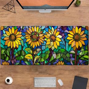 Sunflower Gaming Mouse Pad, Large Office Desktop Mousepad for Computer Laptop, Extended Work Desk Mat with Anti-Slip Base, Decorative Desk Pad 31.5×11.8 in (Stained Glass Sunflower)