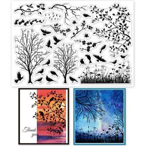 GLOBLELAND Bird Branch Silhouette Clear Stamps Birds Trees Clear Rubber Stamps Silicone Stamps for DIY Scrapbooking Photo Album Decorative Cards Making Home Decoration 8.3×5.8inch