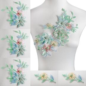 6 PCS Embroidered Flower Fabric Beaded Pearl Lace Applique, Handmade Sewing Tool for DIY Wedding Bridal Dress Floral Costume Patch Decor(Green-6)
