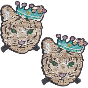 2 Pcs Cat Sequined Applique Patch Colorful Animal Handmade Cute Cat with Crown Embroidered Beaded Applique Patches Sew On Sequins Patch DIY for Clothes T-Shirt Jeans Jacket Sweatshirt