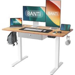 BANTI Adjustable Height Standing Desk with Drawers, 48x24 Inches Electric Stand Up Desk, Sit Stand Home Office Desk with Gray Frame/Light Rustic Brown Top
