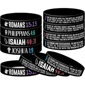 (12-pack) Christian Silicone Wristbands Bible Verse Rubber Bracelets, Isaiah 40:31, Philippians 4:6, Joshua 1:9, and Romans 15:13, Rubber Wristbands for Religious Party Favors, Gifts for Christian