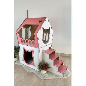 Indoor Wooden Cat House – Two-Story Pink Pet Shelter with Ladder, Spacious Design for Two Cats, Easy Assembly, Durable for Cats up to 15 lbs