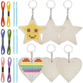 Gnognauq 6Pcs Wood Cross Stitch Kits Star Heart Wood Ornament with Cross Stitch Keyrings for DIY Crafts Embroidery Kit