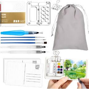 Pocket Artist Watercolor Travel Set, Mini Portable Watercolor Palette Set, Clear Acrylic Grid Paint Box, Travel Paint Palette for Anyone Who Loves Drawing
