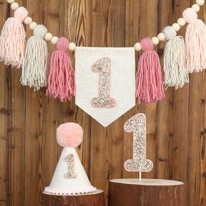 Pink Baby Girl 1st Birthday Highchair Wood Bead Tassel Garland Conical Cap Bling Cake Topper