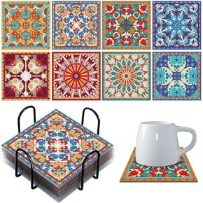Purpeak 8 Pcs Diamond Coasters Diamond Painting Coasters DIY Mandala Kits with Holder Square Boho Paisley Art 5d Kits for Beginners Adults Craft