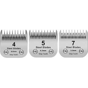7+5+4 Skip tooth Detachable Pet Dog Grooming Steel Blades Set,Compatible with Andis,Oster A5,Wahl KM10 Series Clippers,Cut Length 1/8"(3.2mm) to 3/8"(9.5mm),3 Pack