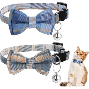 2PCS Blue and White Plaid Cat Collar with Bells, Cat Collar Breakaway Bowtie with Bells, Removable Bow Tie Collar, Adjustbale Kitten Puppy Solid Plaid Color Set, Cute Plaid Kitten Collar Bowtie