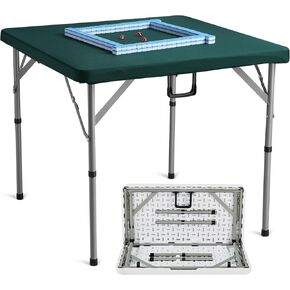 VEVOR Mahjong Table with Mahjong Tiles Set, Fold-in-Half 4 Player Card Table with 144PCS Majiang Tiles and 3 Dice, Portable Bi-Folding Domino Table with Wear-Resistant Green Tabletop & Carrying Handle