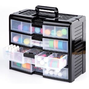 4-Drawer DeskTop Organizer With Removable Dividers，Clear Plastic Tool Storage Box with locking drawers and Handle For Hardware Crafts, Small Parts, Tool Storage,Office Supply（Black）