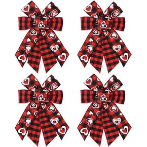 Hying Valentine's Day Bows, Black Red Heart Valentine Buffalo Plaid Bow for Wrapping Gifts Wreath Ribbon Bows 7''x 10'' for Indoor Outdoor Valentine's Day Decoration Supplies Ornament(4pcs)
