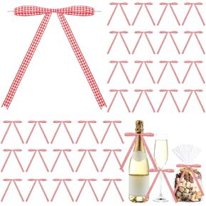 Riceshoot 50 Pcs Gingham Bows 5x7 Inch Buffalo Plaid Twist Tie Bows Check Pre Tied Bow Ribbon for Cake Gift Wrapping Treat Bags Basket Wedding Baby Shower Birthday(Red,0.4 Inch)