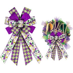 ALIBBON Large Mardi Gras Bows for Wreaths, Mardi Gras Wreath Bows, White Fleur de Lis Bows, Buffalo Plaid Bows for Front Door, Mardi Gras Decorations Glitter Bows for Mardi Gras Carnival Decor