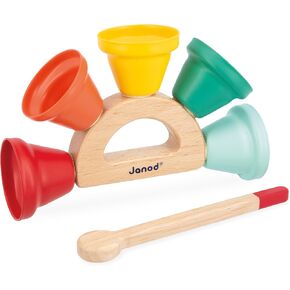 Janod Gioia Wood and Metal Handbell Set - 5 Metal Bells on a Wooden Holder and Mallet - Ages 18 Months - 3 Years - J07638
