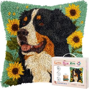 DIY Latch Hook Pillow Kits for Adults Bernese Mountain Dog and Sunflower Printed Pillowcase Crochet Yarns Hooking Handmade Pillow Cover Cushion for Home Sofa Decoration 17x17inch(2)