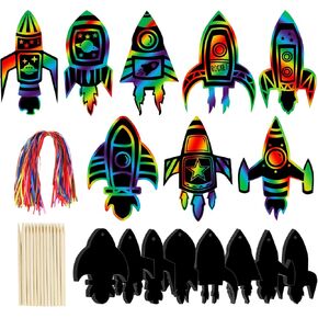 DEMIUKO Scratch Paper Art Set, 64 PCS Rocket Scratch Cards Rainbow Magic Scratch Paper Black Scratch Off Art Crafts Kits for Space Theme Party Favor Game DIY Activity Christmas Birthday Gift
