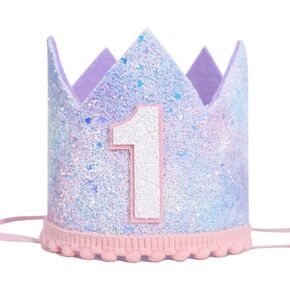 Baby Girl First Birthday Decorations - Pastel Rainbow 1st Birthday Crown,One Rainbow Themed Cake Smash Party Hat,Pastel Rainbow Glitter Mini Party Crown,Sweet Birthday Photo Props For Girls(Purple)