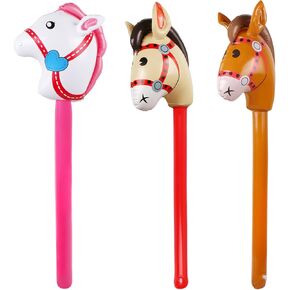 3PCS Inflatable Stick Horse,Inflatable Horse Head on Stick Horse Costume Pony/Halloween/Western Cowboy/Horse Baby Shower Birthday Party Decorations Supplies Favors Props,37 Inches Red Pink Brown