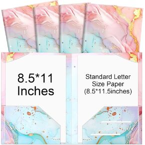 4 Pack Plastic File Folders with Pockets Decorative Cute Marble Designs Heavy Duty Two Pocket File Folders Fits 3 Ring Binders for Office Home