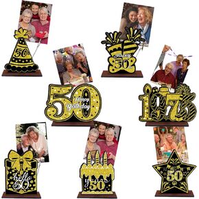 7Pcs 50th Gold Black Birthday Decorations Wooden Vintage 1975 Table Centerpieces with Double-headed photo clip Happy Birthday Photo Centerpieces Hello 50 Table Decor in 1975 Birthday Party Decoration