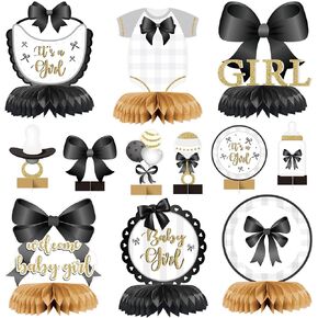 Black Gold Bow Baby Girl Party Honeycomb Centerpieces, It’s a Girl Bow Coquette Baby Shower Table Decor, Gender Reveal Party Supplies Pregnancy Announcement Table Topper