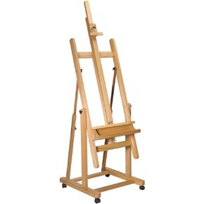 Mont Marte Tilting Studio Wooden Floor Easel. Height Adjustable Extra Large H-Frame Featuring a Large Tilt Range. Castor Wheels Allow Easy Movement and Can Be Locked into Place.
