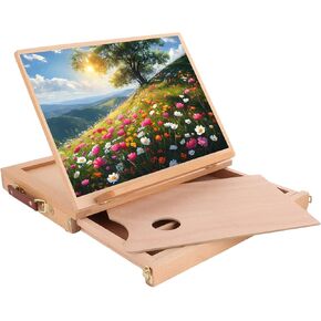 Table Top Easels for Painting Beech Wooden Easel with Storage Portable Easel for Drawing Boards for Artists Desk Easel with Drawer and Palette Watercolor Easel for Art Supply, Painters, Adult