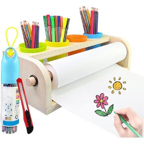 Quaocens Wooden Paper Roll Dispenser,Art Paper Roll Easel with Paper Roll 11.3 Inches x 98.3Ft and Pencil Barrel,Craft Paper Roll Holder Tabletop Easel for Kids Suitable for Drawing Graffiti Art