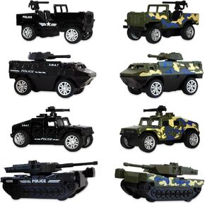 8 Pack diecast Military Toy Vehicle Set, 4 Green Camouflage Army Tanks 4 Black Urban SWAT Police Toys, Tank, Humvee, Jeep, Armored Personnel Carrier playset, Police Toys, Army Toys, Military Toys