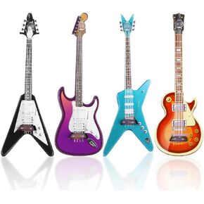 4Pcs Mini Guitar Set, Mini Electric Guitar & Bass Guitar Ornament, 1:12 Scale Wooden Miniature Musical Instrument for Dollhouse, Mini Music Room, Home Decoration(Purple, Blue, Brown, Black)