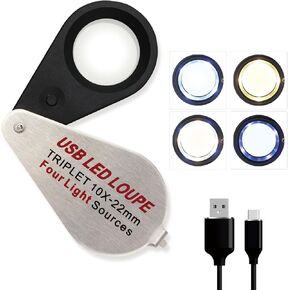 10x مجوهرات قابلة للشحن Loupe مع أضواء UV و LED ، أربعة أوضاع ضوئية ، مضيئة حلقة العين 22 مم مكبّر مجوهرات مجوهرات قابلة للتكبير للمجوهرات ، العملة ، الأحجار الكريمة ، العملات المعدنية ، الطوابع