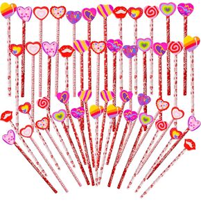 Kolewo4ever 50 Pieces Valentines Pencils Cupid Arrow Rose Wood Pencils with Giant LOVE HEART Eraser Assortment Valentines Stationery Pencil for Valentines Party Favors