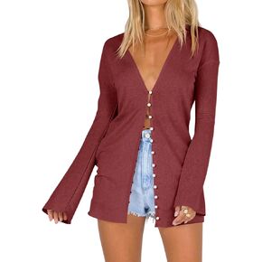 Saodimallsu Women Deep V Neck Cardigan Lightweight Button Down Long Sleeve Loose Open Front Knit Summer Shirts