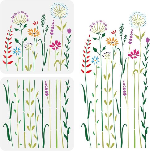 BENECREAT 2Pcs Wildflower Stencils, 12x12inch Tall Flower Weeds Tree Plants PET Painting Templates Drawing Stencils for Scrapbooking, Floor Furniture, Wall Art in Saudi Arabia