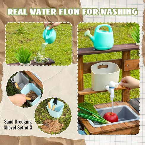 المطبخ في الهواء الطلق للأطفال ، ومطبخ الطين ألعاب خشبية مع عجلات ، وغلاية ، وحوض ، وحاوية نبات خشبية وملحقات المطبخ ، للأطفال الذين تتراوح أعمارهم بين 3 سنوات in Kuwait