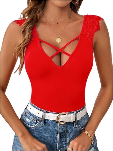 Milumia Women Eyelash Lace Cap Sleeve T-Shirt Deep V Neck Criss Cross Fitted Tee Tops in Saudi Arabia