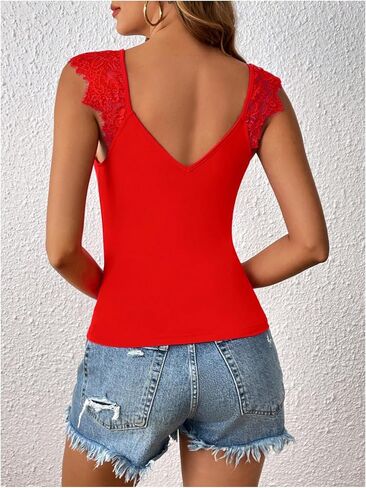 Milumia Women Eyelash Lace Cap Sleeve T-Shirt Deep V Neck Criss Cross Fitted Tee Tops in Saudi Arabia